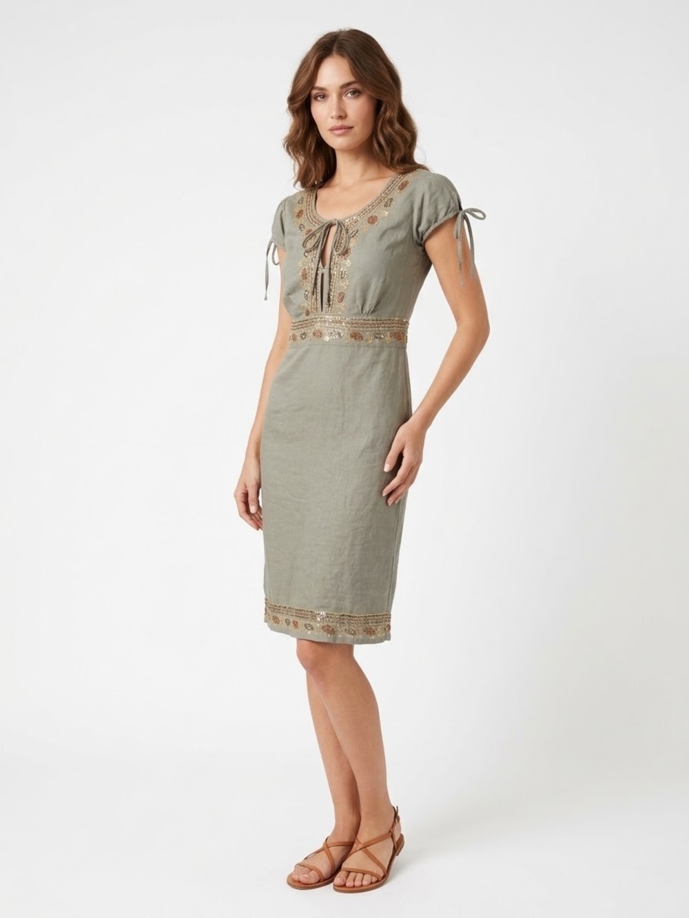 At Last Olive-Green Embroidered Tie-Front Linen Midi Dress